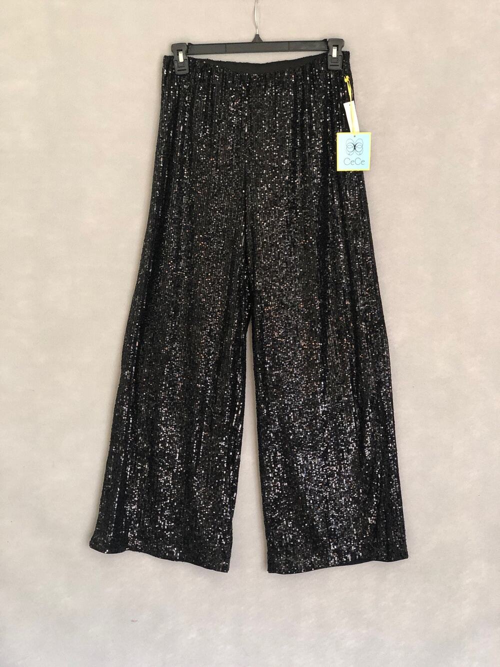CeCe Sequin Pants Wide-Leg Pull-On Black Women's Size Small NEW